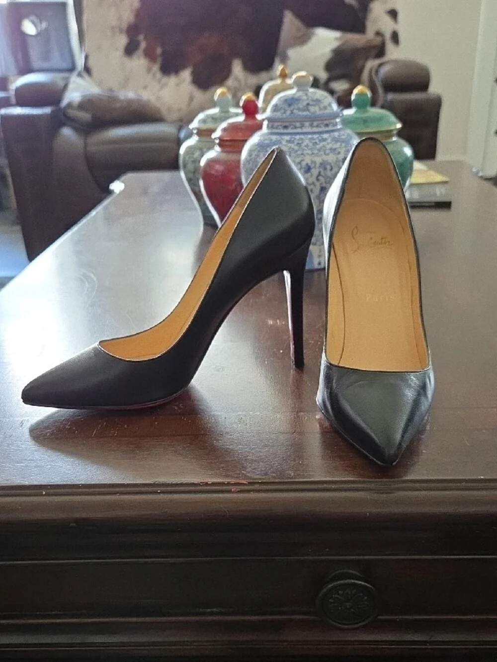 Christian Louboutin Black Leather Pointed Toe Stiletto Pumps